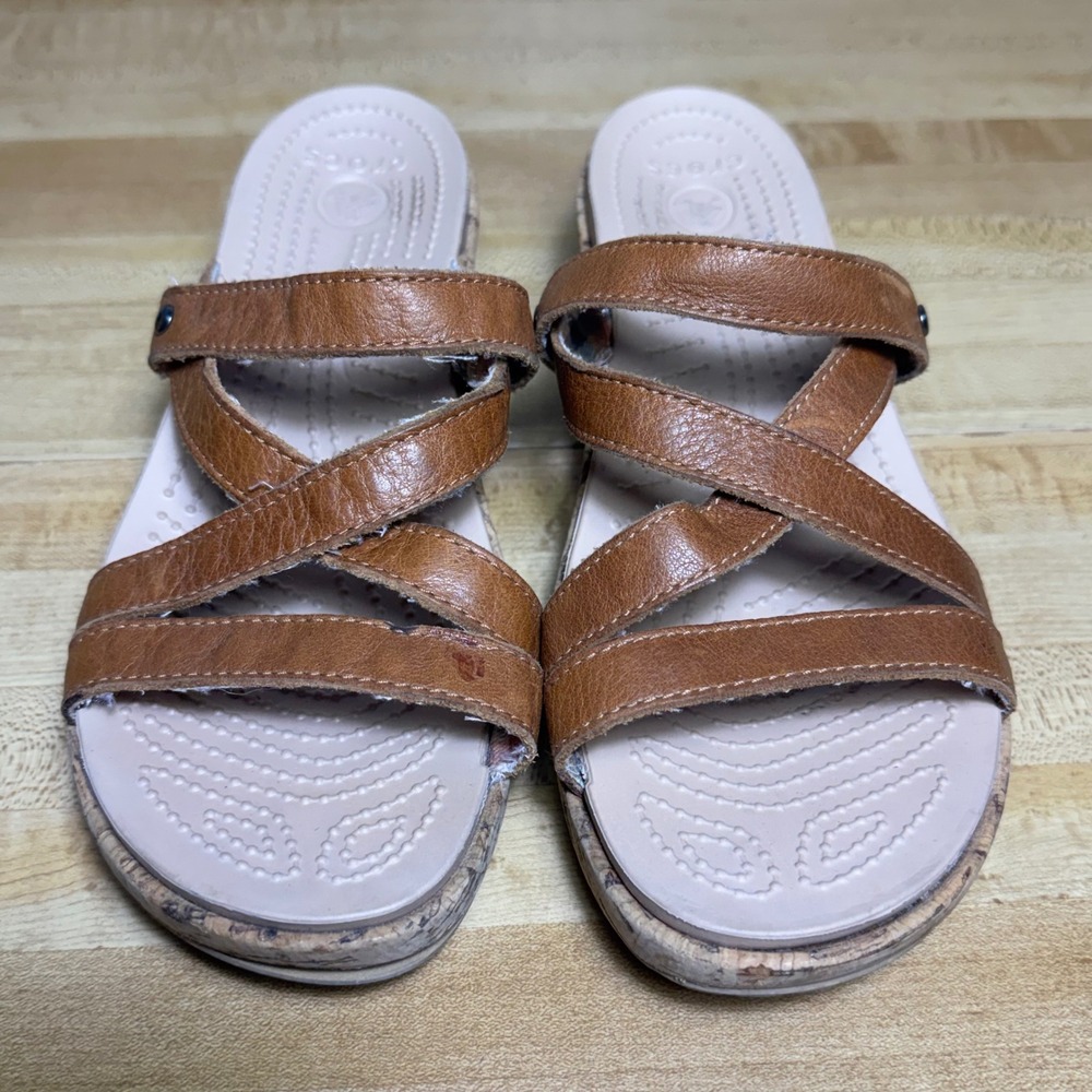 Crocs A-Leigh Leather Slide Wedge Sandals Tan Brown Strappy 11847 Womens 7